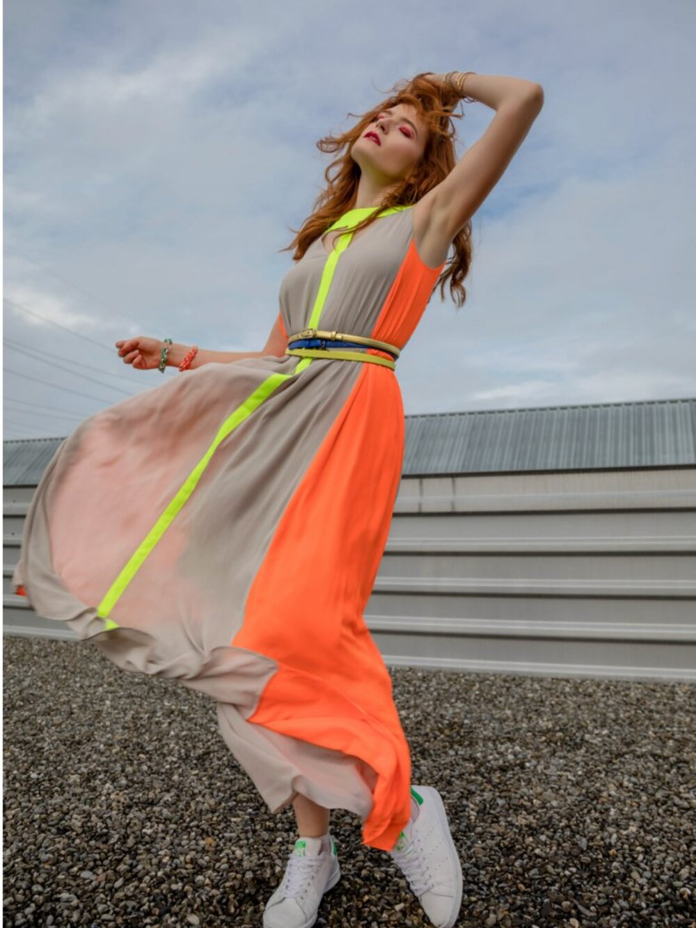 NWT BCBG Wilah Colorblock Neon Maxi Dress Long Orange Gray Relaxed Grecian XS - Picture 2 of 16